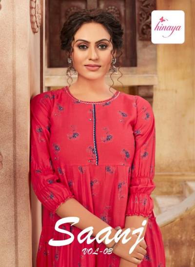 Saanj Vol 3 By Hinaya Rayon Summer Flaired Wear Kurti Collection